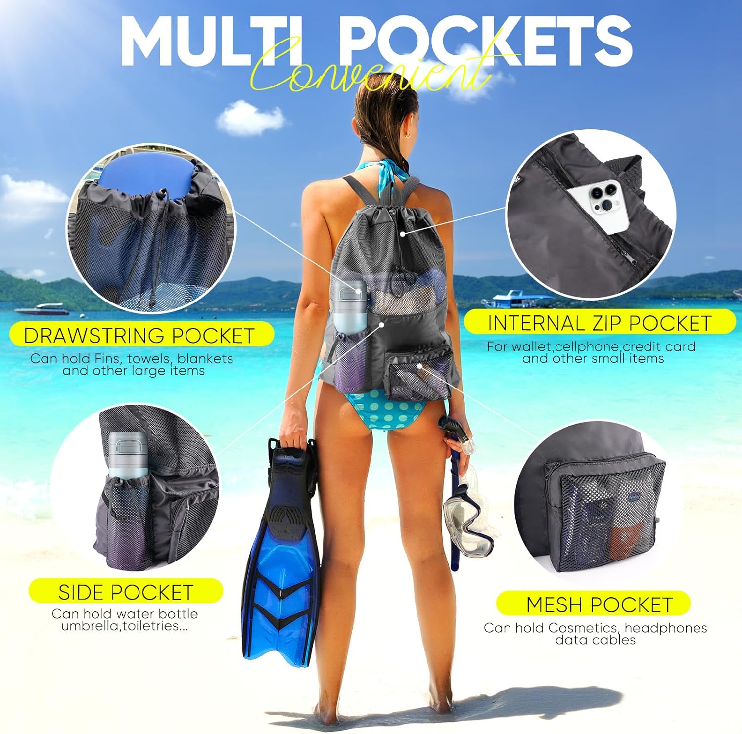 Swim Mesh Beach Bag, Waterproo - Drawstring Gym Bag avis et prix